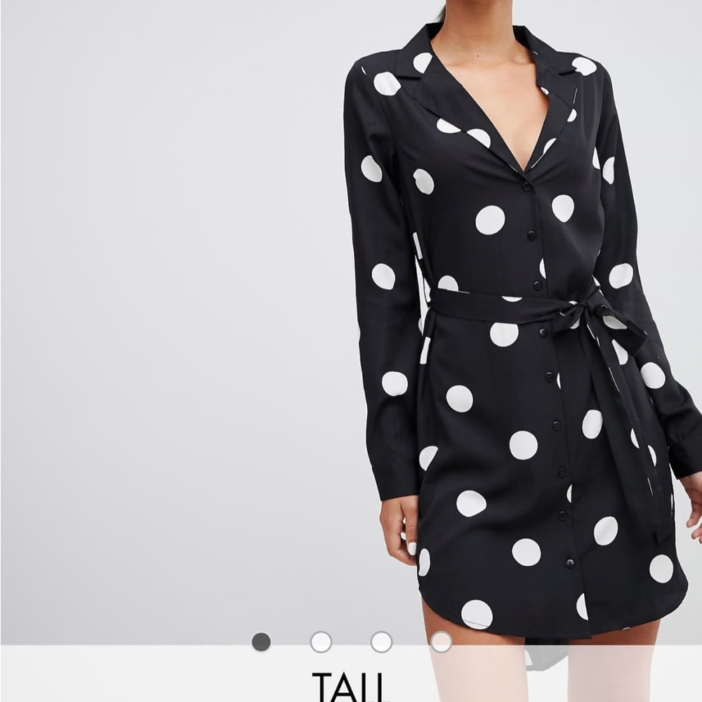 TALL Black Button Up Polka Dot Dress with Tie